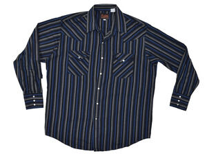 Plains Western Wear Men's Striped Western Snap Shirt Long Sleeve Size L Blue